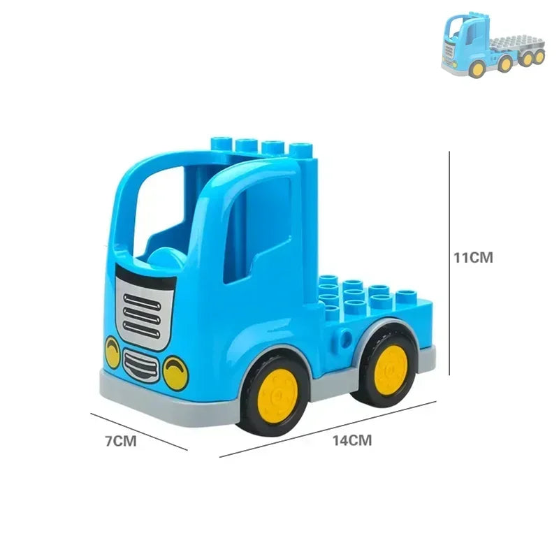 A blue city traffic vehicle building block truck with a cab and wheels.