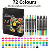 A black case containing 72 dual-tip brush pens and a color palette of various markers.