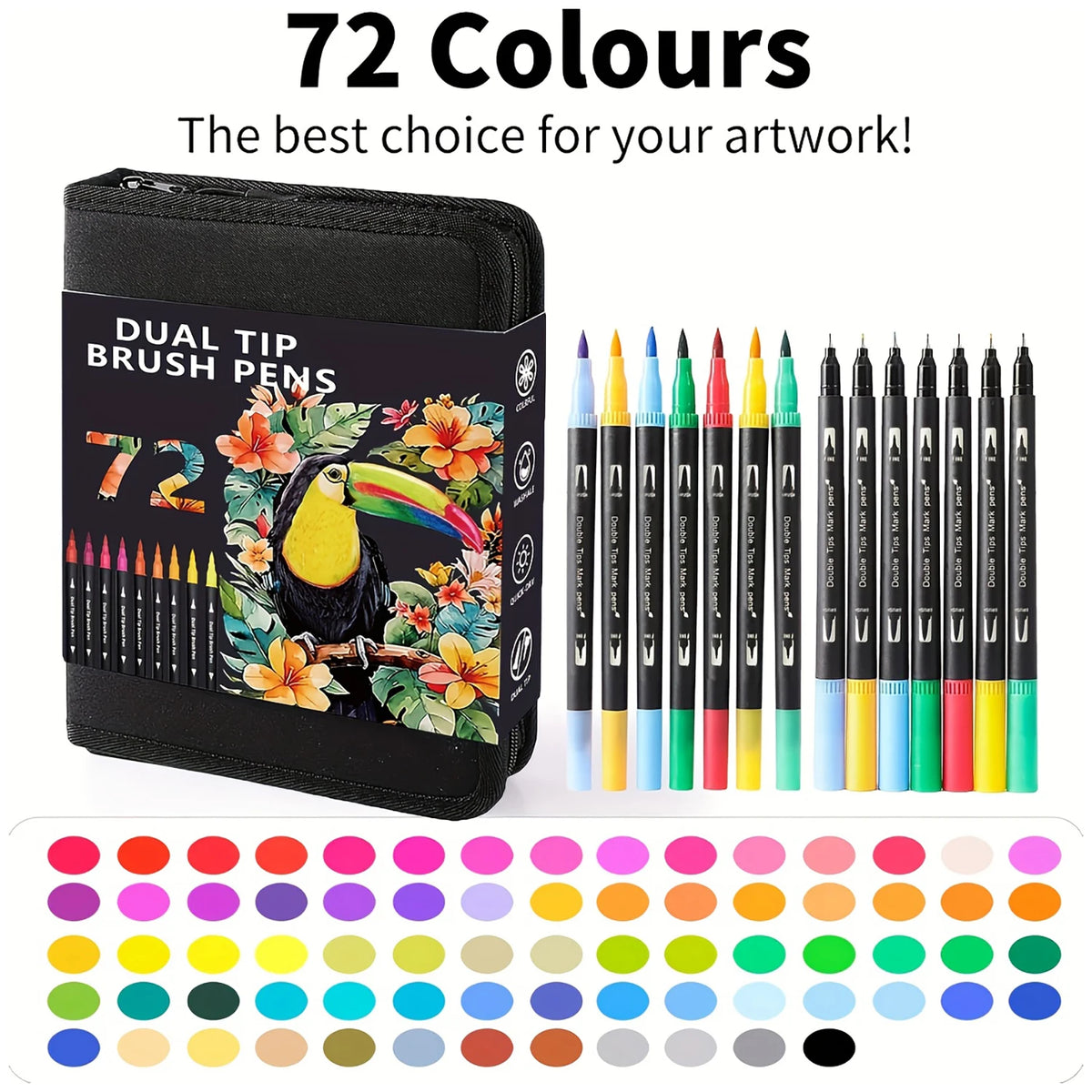 A black case containing 72 dual-tip brush pens and a color palette of various markers.