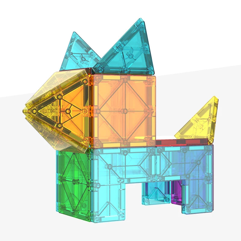 A colorful magnetic building blocks set featuring geometric shapes in shades of blue, green, orange, and yellow.