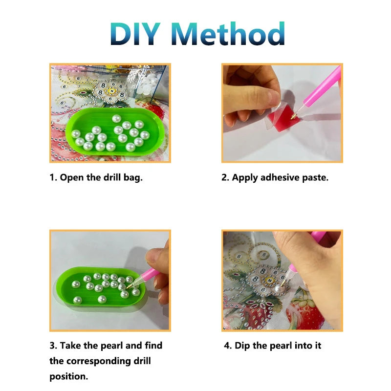 DIY method steps showing how to open a drill bag, apply adhesive paste, and dip pearls into corresponding drill positions for