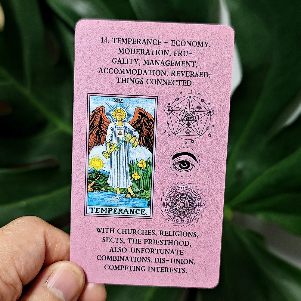 A pink tarot card featuring the Temperance card illustration and text about economy, moderation, and management.