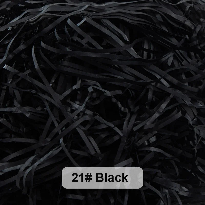 Black raffia paper shreds used for gift boxes and baskets.