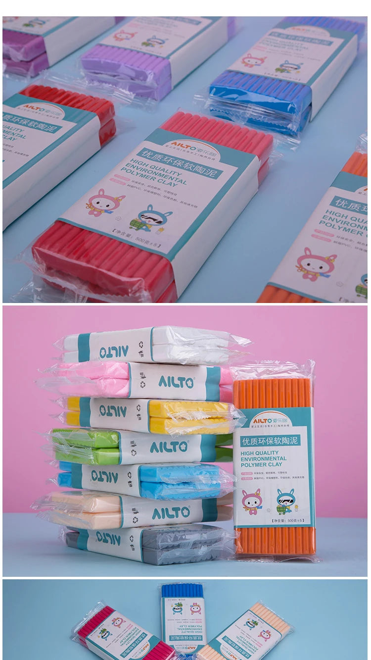 A collection of colorful polymer clay kits and modeling clay in various packaging and colors.
