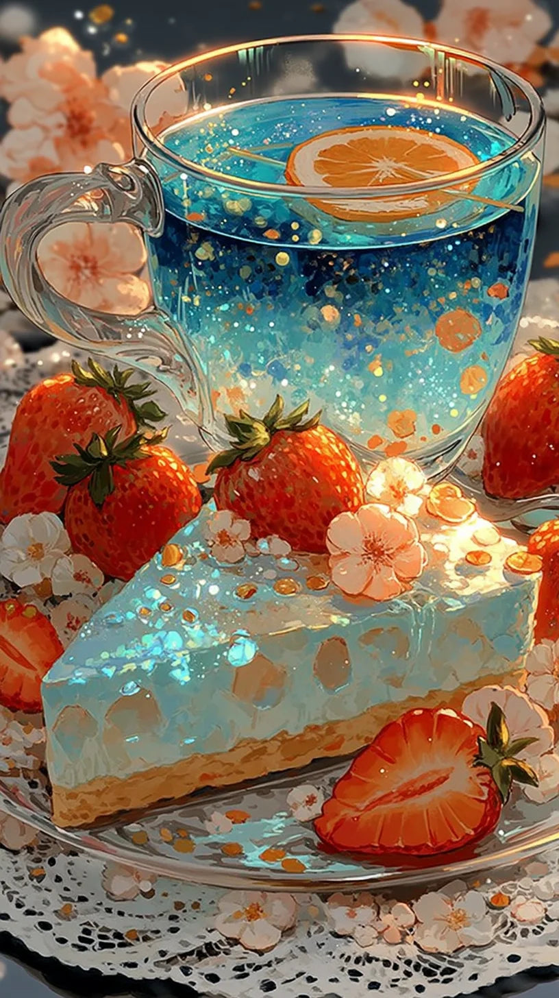 A glass of sparkling blue drink sits next to a slice of strawberry cake decorated with floral elements and fresh strawberries