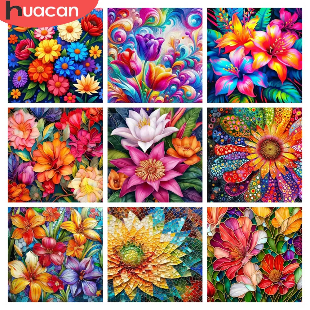 Vibrant sunflower and floral art created with a 5D diamond painting kit for home decor.
