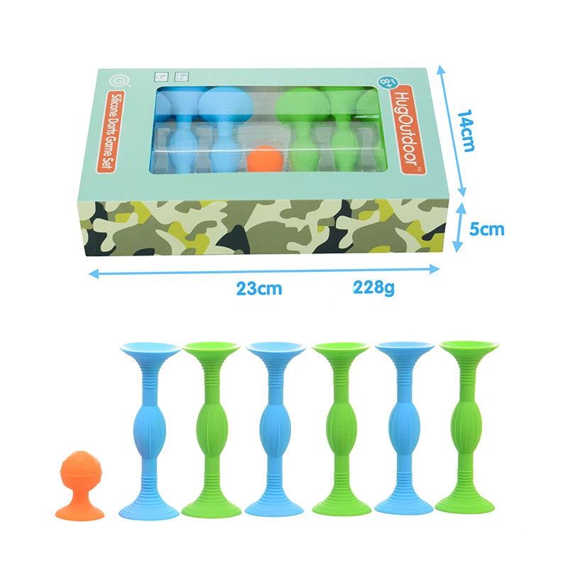 A set of silicone suction cup darts in various colors, including blue and green, packaged in a camouflage box.