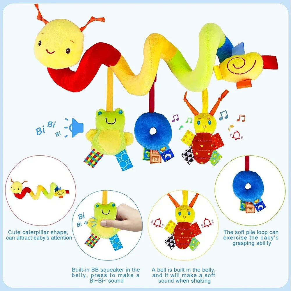 A soft plush hanging baby toy featuring a caterpillar shape with bright colors and musical bells