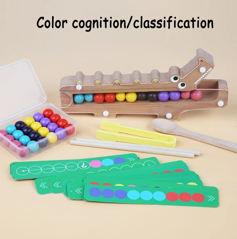 Wooden test tube clip beads for color cognition and classification, featuring various colored beads and wooden clips.