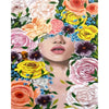 A woman's face is painted with vibrant flowers and leaves in a paint by numbers style.