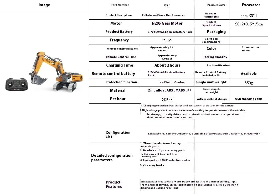 Alloy & Plastic Remote Control Excavator Engineering Toy