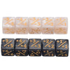 A set of ten dual-color dice showing positive and negative numbers for counting