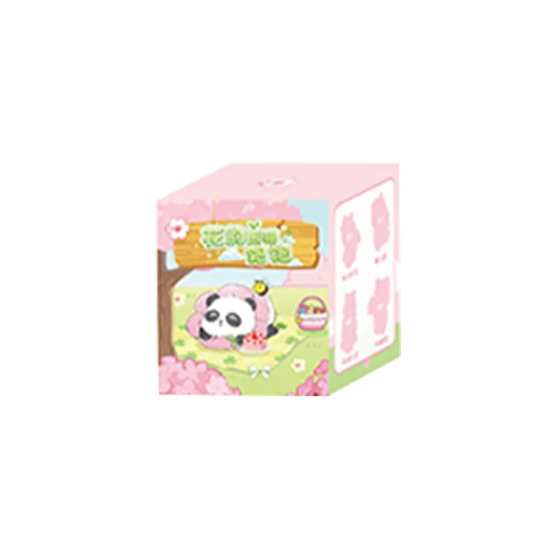 A pink box for a blind box panda collectible figure with a cute desktop ornament inside.