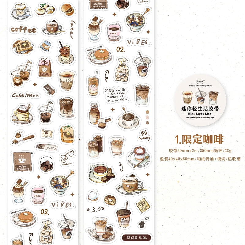 A set of coffee and bakery themed masking tape featuring various food items like coffee cups cakes and pastries.