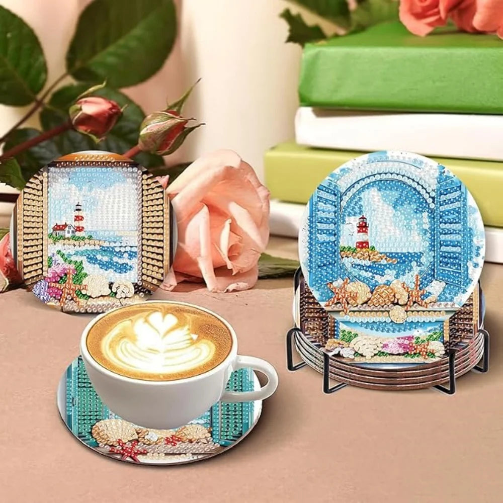 A set of DIY diamond art coasters featuring a cute dog design with metal holders and floral accents.