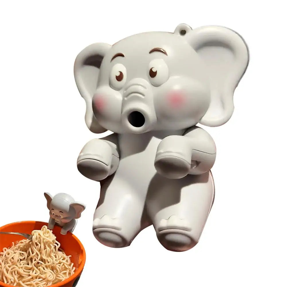 A white mini elephant toy designed as a hands-free baby feeding helper or food cooler fan.