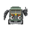 A gray and green trash truck building block set with a working dump function.