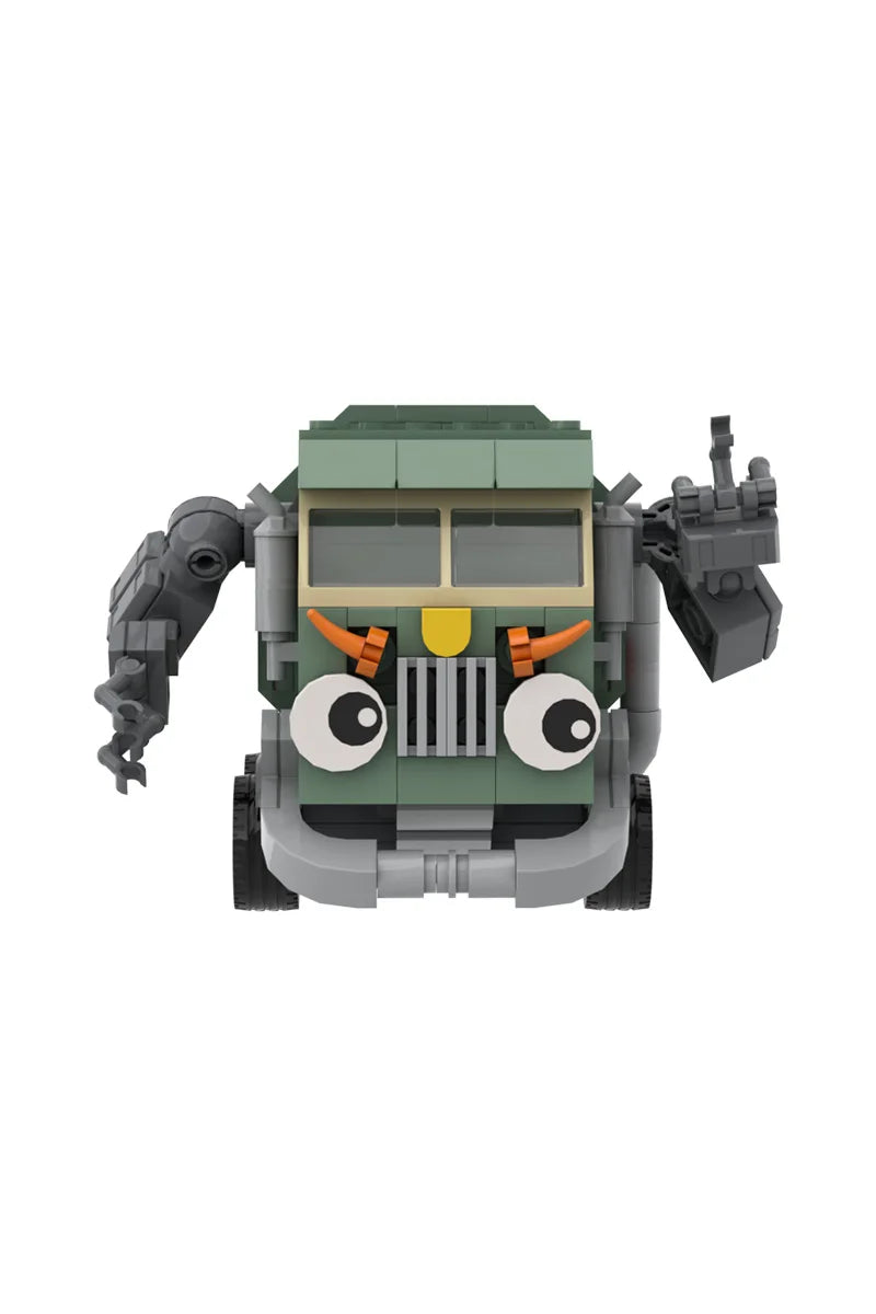 A gray and green trash truck building block set with a working dump function.