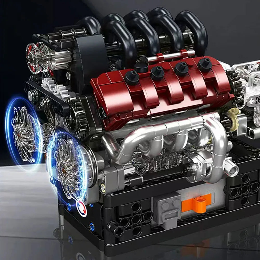 A detailed V8 engine building kit showing working pistons and components in a black and red color scheme.