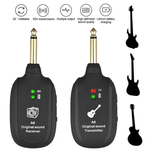 Kabelloses Gitarrensystem in Schwarz mit Empfänger- und Sendeeinheit