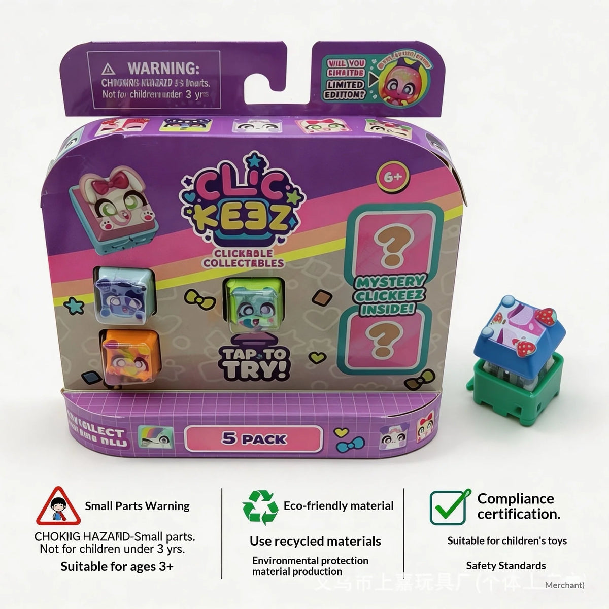 A purple and pink box of ClickKe3z LED fidget keycap keychains for mechanical keyboards with a 5 pack quantity.