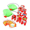 A set of colorful cards featuring frog and insect designs for a tongue-catching card game.