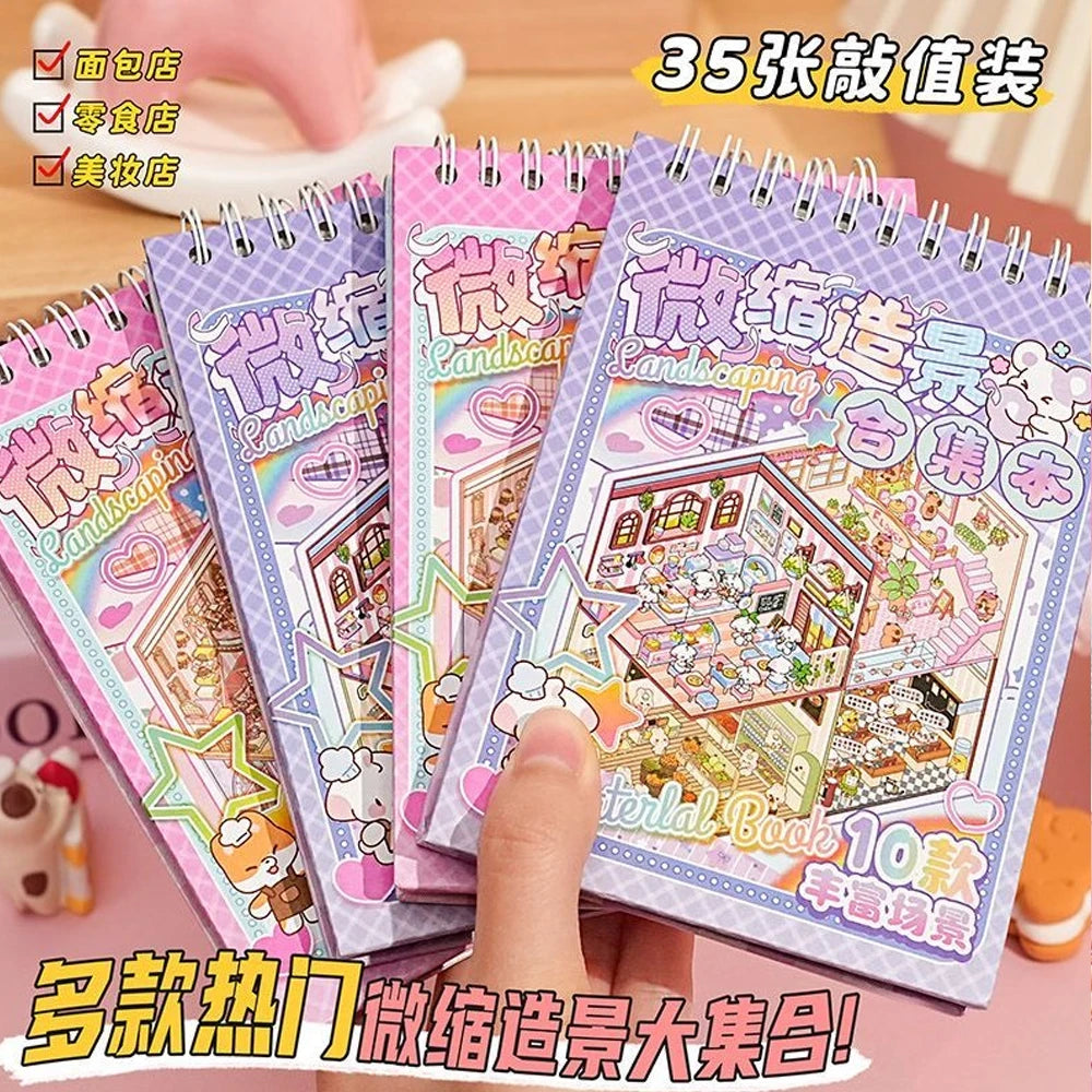 A hand holds a colorful sticker book titled Landscape Painting featuring various scenes and cartoon characters.