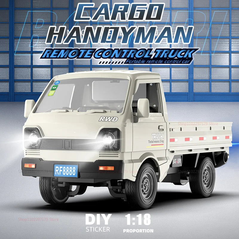 A white RC truck model is shown in a side view, featuring an RWD drivetrain and a flatbed, with branding for a DIY sticker pr