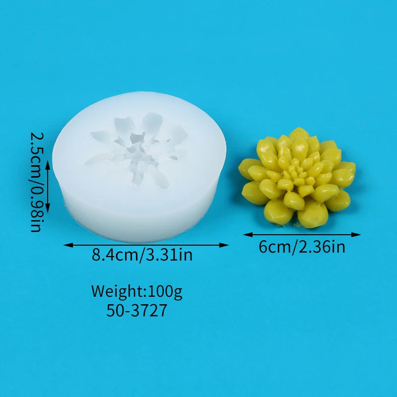 A white silicone mold shaped like a cactus or succulent, next to a cluster of yellow silicone cactus and succulent molds.