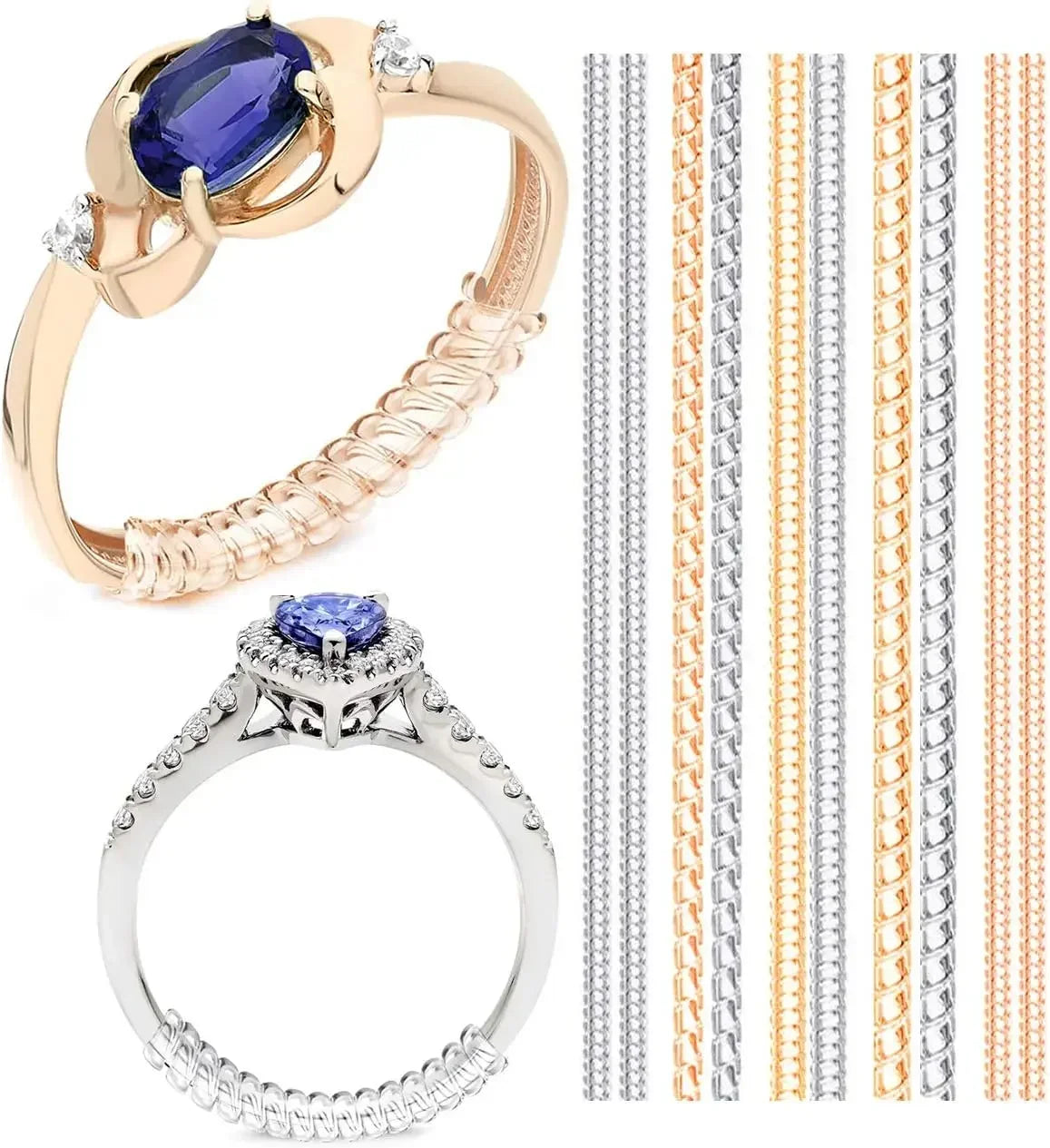A set of transparent ring size adjusters featuring various colored and textured bands for reusable fit.