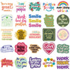 A collection of positive affirmation stickers featuring words like great, smile, positive energy, and love yourself.