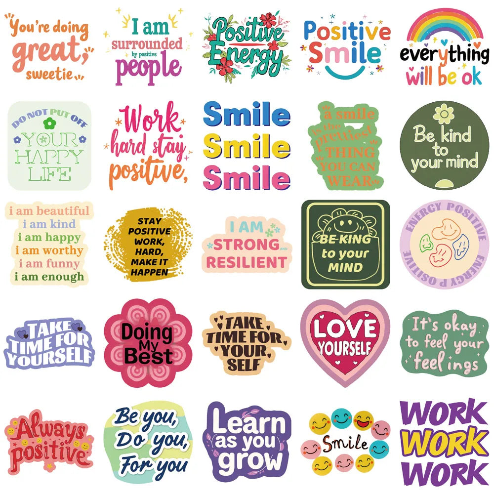 A collection of positive affirmation stickers featuring words like great, smile, positive energy, and love yourself.
