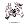 A hand print design featuring a heart shape and bat motifs, suitable for Halloween iron-on patches.