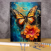 A painting of an orange and black butterfly with floral elements on a dark blue background.