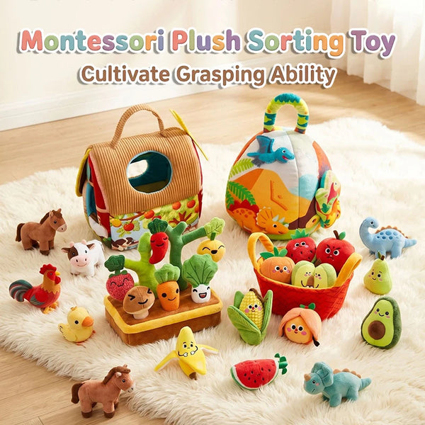 A set of colorful plush sorting toys featuring animals and fruits for cultivating grasping ability.