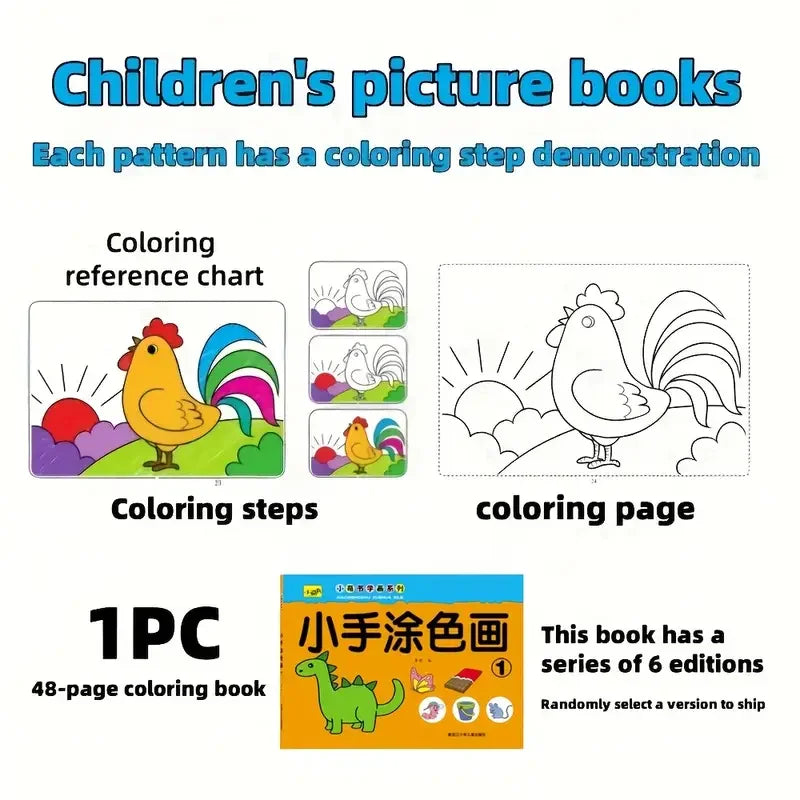 A children's picture book demonstration showing a coloring step for a chicken pattern.