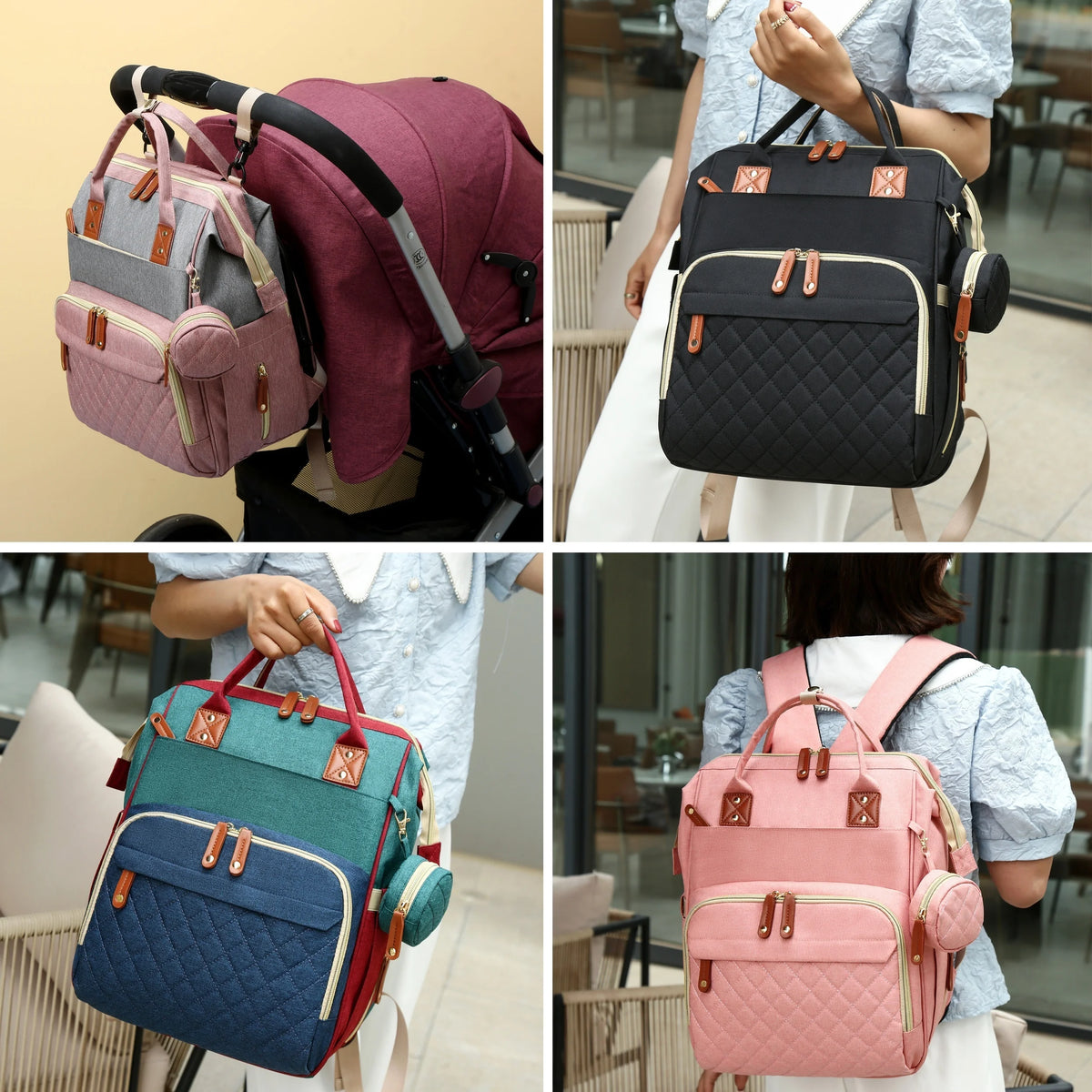 Sac à langer rose et gris avec station de changement intégrée, montré sous différents angles.