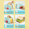 A wooden kitchen play set demonstrating how to put bread in slices and make sandwiches.