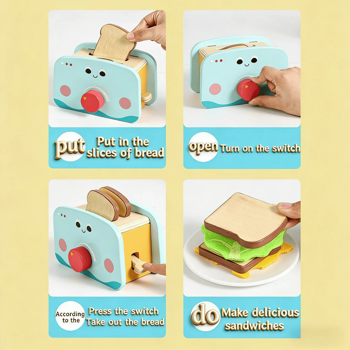 A wooden kitchen play set demonstrating how to put bread in slices and make sandwiches.