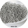 A pile of small, silver-colored electroplated metallic glass beads for jewelry and crafting.