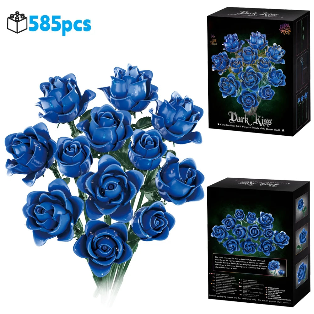 A box of Dark Kiss blue roses and a loose bouquet of blue roses.