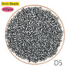 A pile of 5mm black beads, labeled as D5 size, for crafting and pixel art projects.