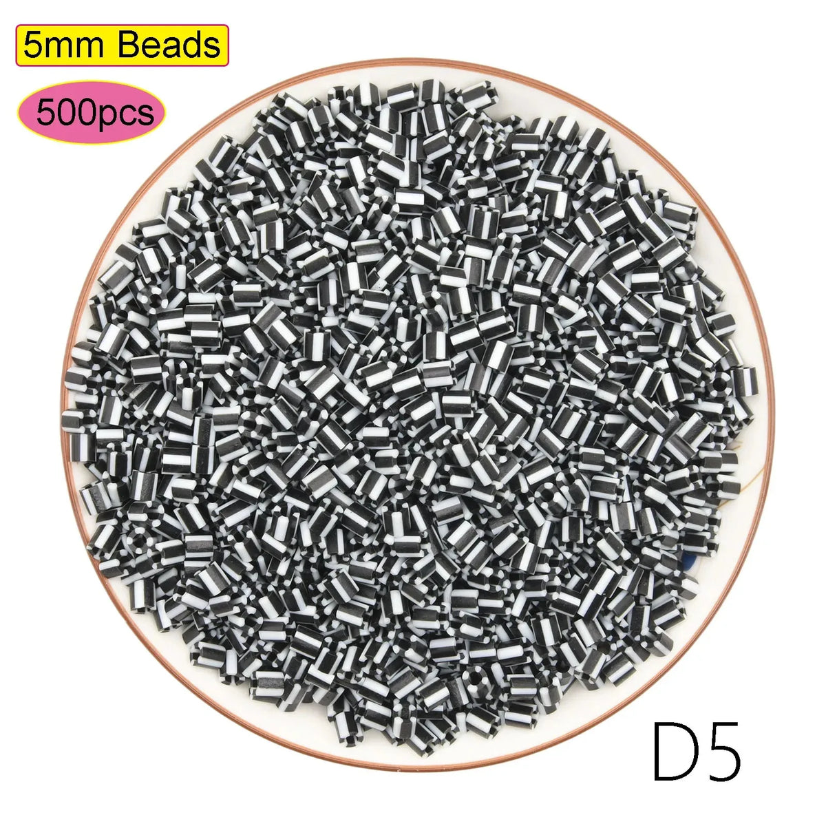 A pile of 5mm black beads, labeled as D5 size, for crafting and pixel art projects.
