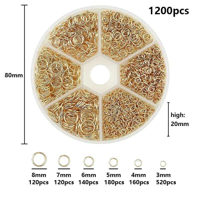 A circular organizer case filled with various gold-colored wire jewelry findings and tools.