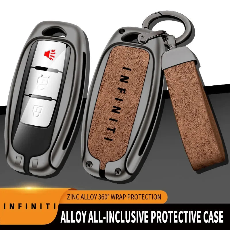 A black zinc alloy protective case cover for an Infiniti key, showing the interior and a textured grip sleeve.