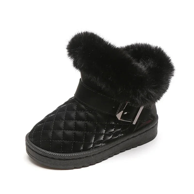 Black girls snow boots featuring a crystal bowknot and plush black fur lining