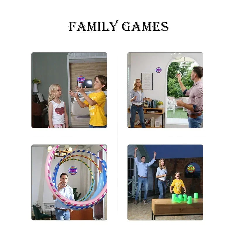 A family playing a game featuring an LED flying ball boomerang with auto-return.