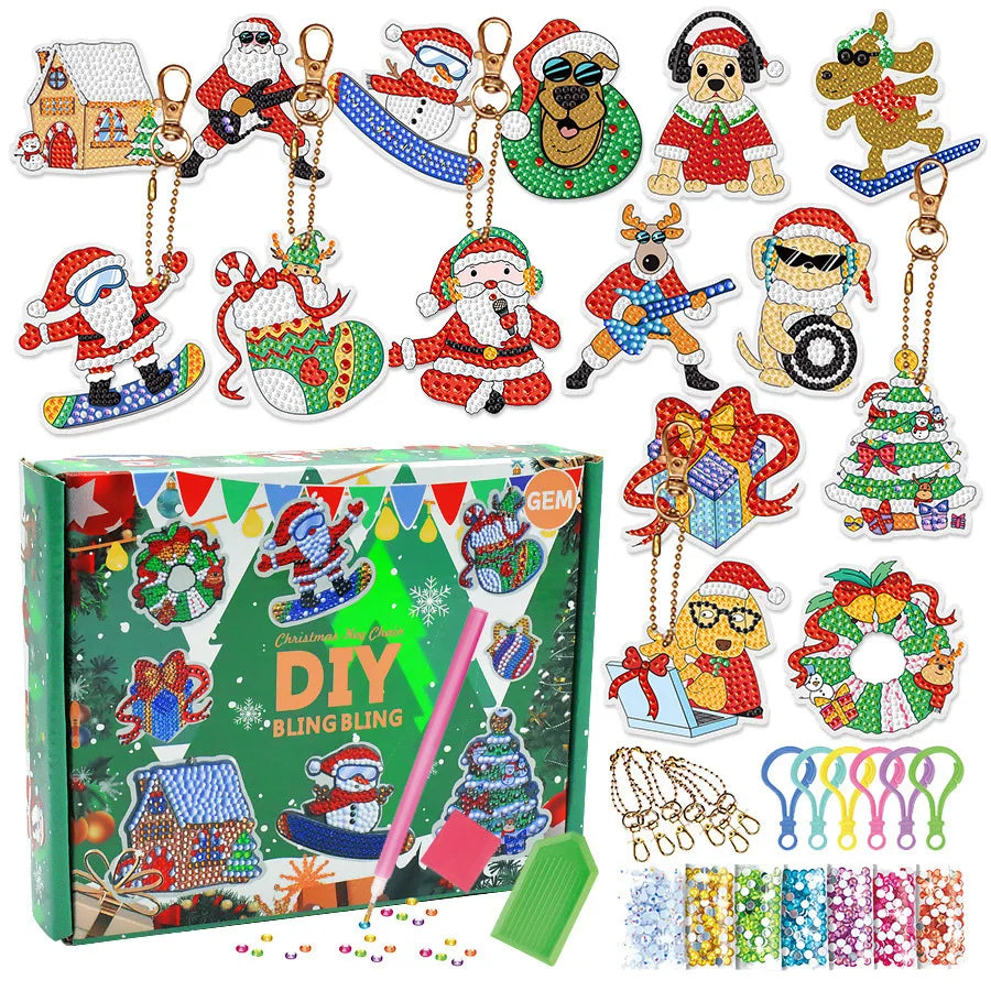 A box of a 5D diamond painting keychain craft kit featuring various animal and holiday charms.