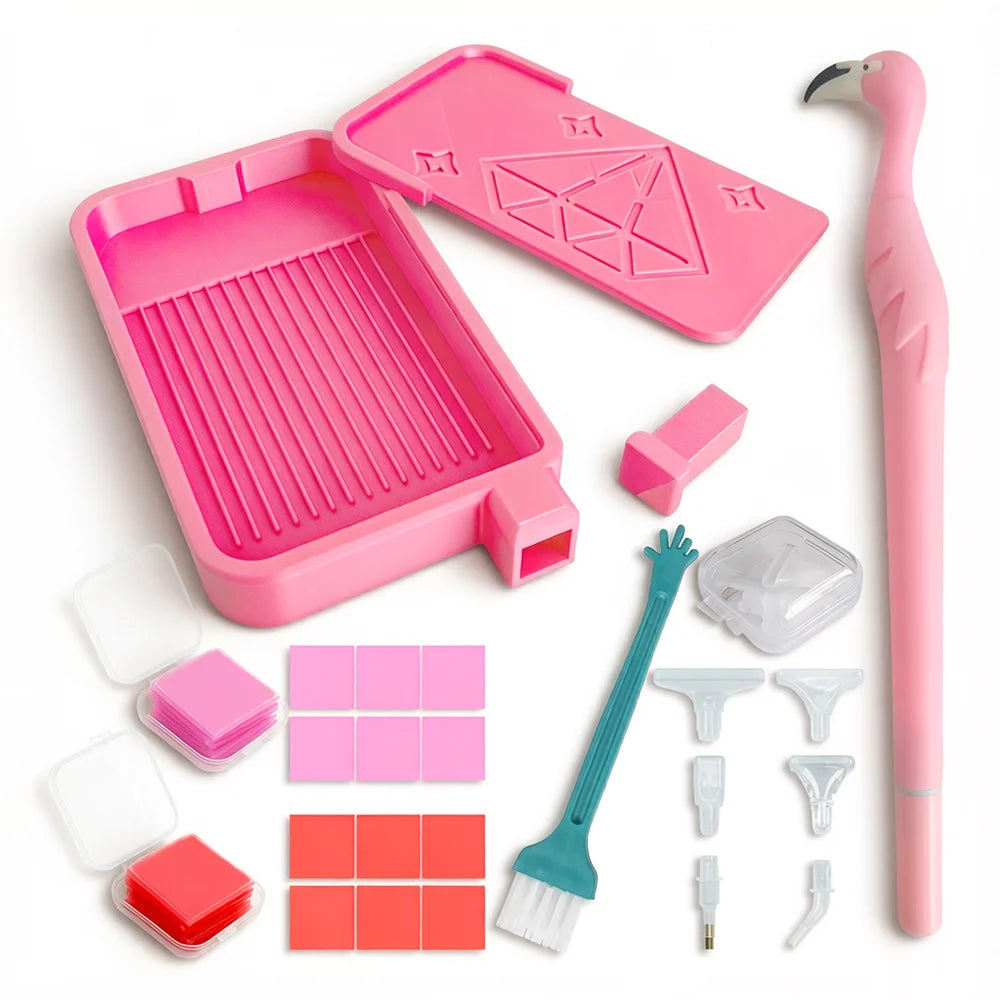 A pink diamond painting kit featuring an iridescent tray, tools, and colored tiles.