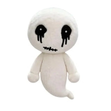 A white plush toy resembling a ghostly figure with black dripping eyes and a stitched mouth.